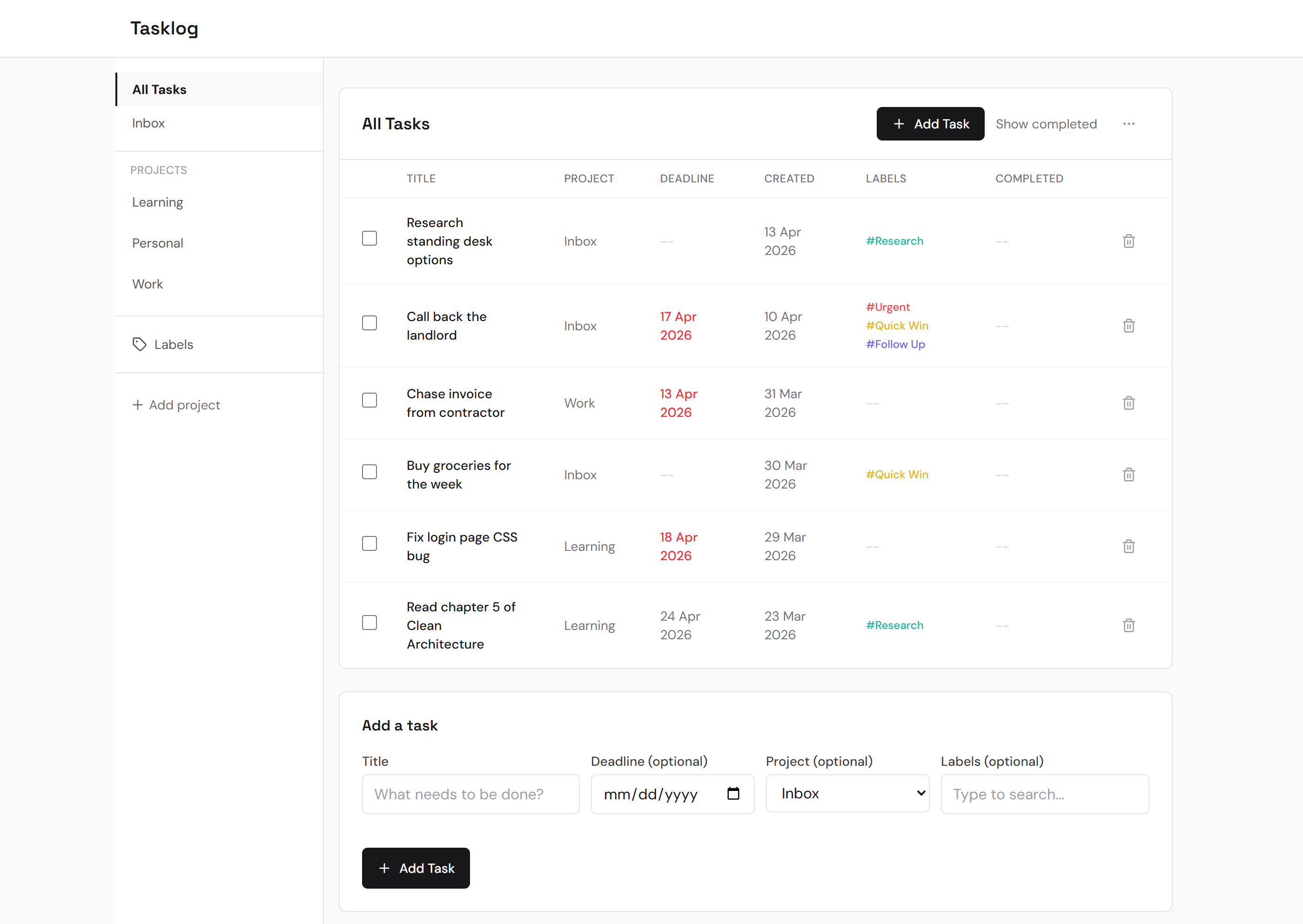 Tasklog desktop — the finished task list view