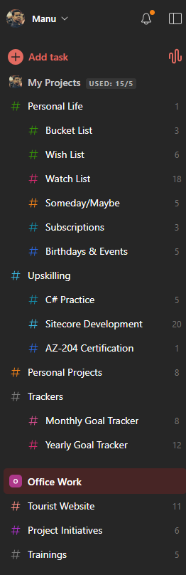 My Todoist project structure at the time
