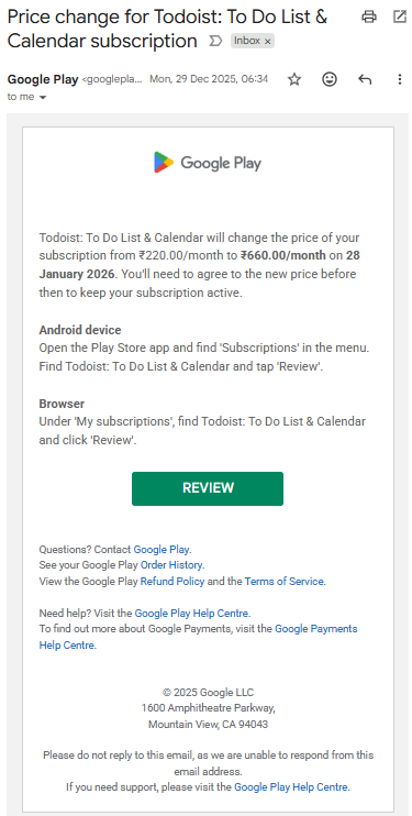 Google Play email announcing the Todoist price change from ₹220 to ₹660/month